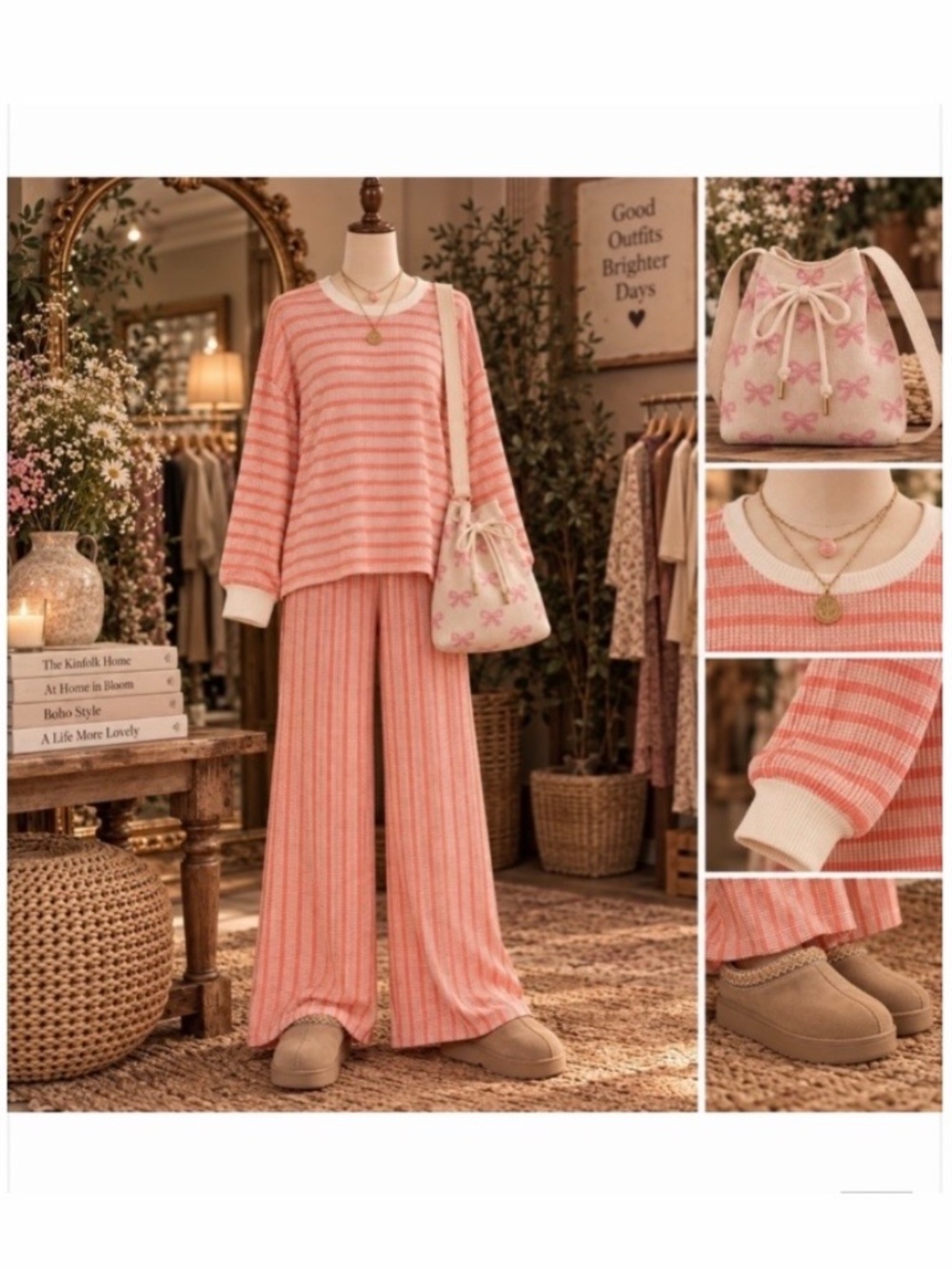 New Coral Zenana Raised Rib Striped Pullover & Wide Leg Pants Set Boho
